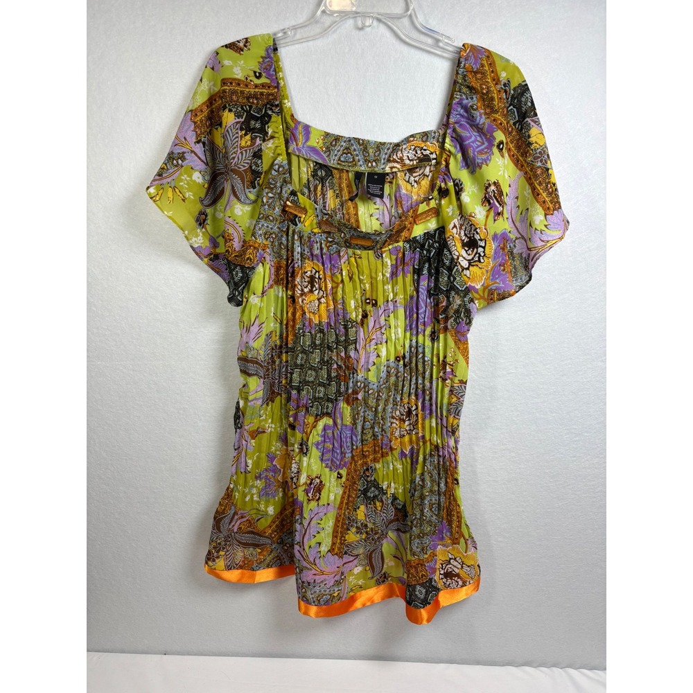 New Directions 1X Boho Paisley Floral Tunic Blouse Square Neck Flutter Sleeve